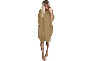 AMDOLE Women's Pocket Loose Dress Ladies Round Neck Casual Knee Length Dress Casual Dress with Belt