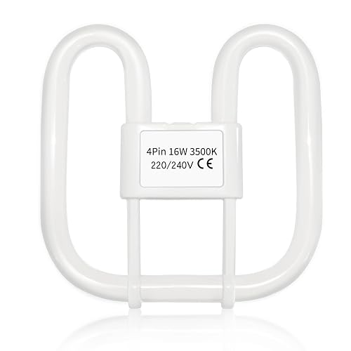 Akynite GR10q 4-Pin Bulb 16W 3500K Warm White, 950LM, Small 13.3x13.3cm, 4 Pin CFL Compact Fluorescent Light Bulb, AC 230V, not dimmable, GR10q DD Flat Butterfly Bulb for Flush Ceiling Light, 1PC