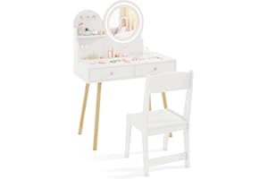 COSTWAY Kids Dressing Table, Girls Vanity Set with Stool, 2-Color LED Lights Mirror, Drawers, Storage Shelf and Hooks, Make Up Pretend Dresser Desk Chair Set