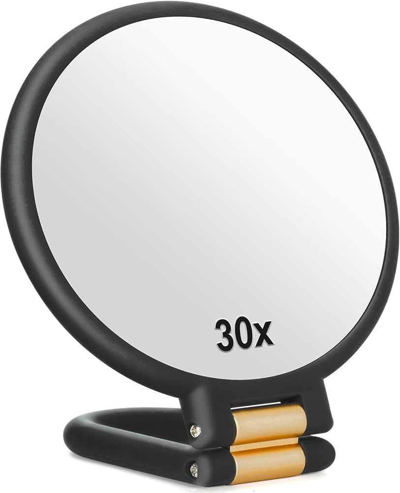 Sifolo 30x Büyüteçli Ayna, Saplı Seyahat El Aynaları - 1X 30X Büyütme ve Ayarlanabilir Saplı/Standlı Çift Taraflı El Aynası, Makyaj için Elde Tutulan Katlanabilir Seyahat Aynası (Siyah)