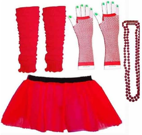 Four Peice Adult Womens 8-14 Tutu Set Neon Red Tutu Legwarmers Fishnet Gloves Beads 80s Fancy Dress Costume (RB Fashions Clothing)