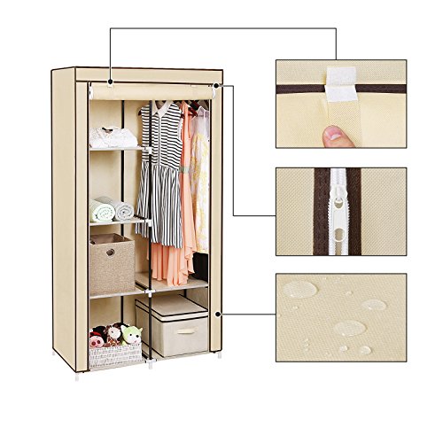 Songmics XL Stoffschrank Faltschrank 7 Montagearten Kleiderschrank mit 2 Kleiderstange 88 x 170 x 45 cm (B x H x T) beige RYG84M - 4