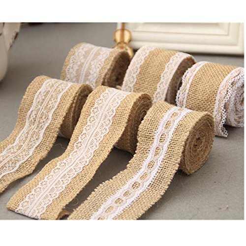 Yalulu 6 Stück 5 * 2M Vintage Leinwand Hessische Jute Lace Band Handwerk Farbband mit Weisse Spitzen für DIY Handwerk Hochzeit Haus Dekor - 5