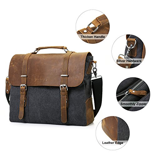 ECOSUSI Vintage Canvas Leder Aktentasche Umh  ngetasche Passt f  r Max 15 6  Laptop - Steckschnalle