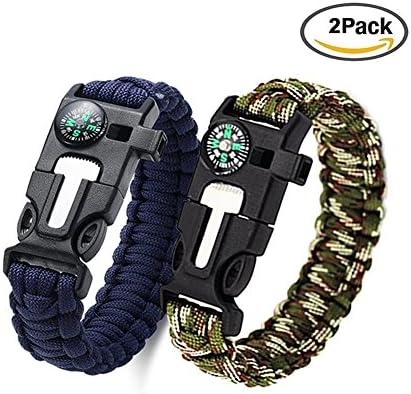 Survival Bracelets, GQY Multifunctional Outdoor Emergency Survival Kit, 5 in 1 Adjustable Paracord Bracelets with Compass Scraper Fire Starter Rescue Rope Whistle for Hiking Camping Boating Emergency (blue and camouflage 2 pack)