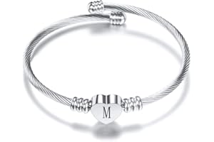 FGT Silver Initial Letter Cuff Bracelets for Women A to Z Letter Name Alphabet Bangle Bracelet Stainless Steel