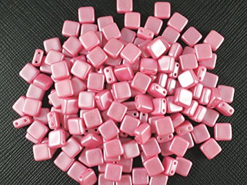 40 Pieces Czech Glass Beads Tile Two-Hole, Flat Square 6x6x2.9mm, Pastel Pink