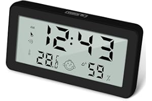 PITASHA Multifunction Thermometer Hygrometer Clock, Digital Alarm Clock with Temperature and Humidity Monitor and Comfort Indicator - Black