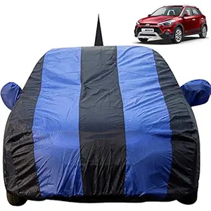 Autofact Car Body Cover for Hyundai I20 Active with Mirror and Antenna Pocket (Light Weight, Triple Stitched, Heavy Buckle, Bottom Fully Elastic, Royal Blue Stripes with Navy Blue Color )