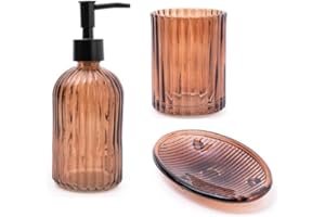 Home Deco London Set of 3 Modern Transparent Pressed Glass Bathroom Accessory Set, Includes Liquid Soap or Lotion Dispenser, Toothbrush Holder, Soap Dish (Amber Set of 3)