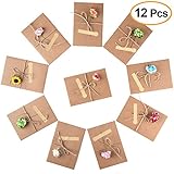 Kuuqa 12 Pieces Handmade Retro Kraft Paper Thank You Cards Valentine's Greeting Gift Cards with 12 Handmade Paper Flowers,12 Stickers and Jute Twine For Thanksgiving Day Valentine's Day