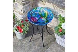 SMART GARDEN Beautiful Hummingbird Design Hand Painted Glass Birdbath on stand