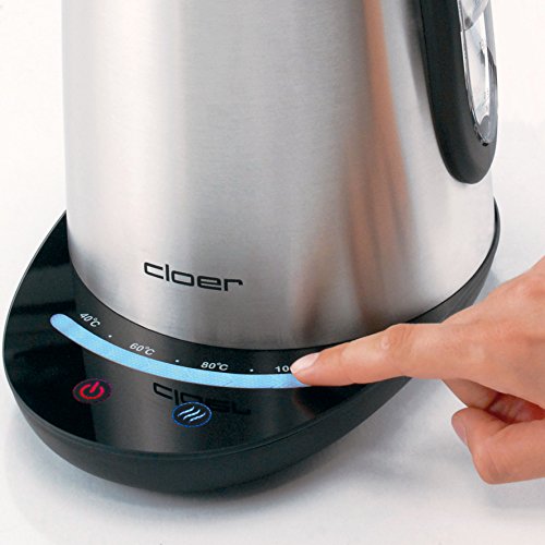 Cloer 4959 Touch-Wasserkocher / 2200 W / Basisstation mit Glasoberfläche / LED-Anzeige und Touchdisplay mit Temperaturregelung ( 40°- 100° C) / 1,7 Liter / mattierter Edelstahlbehälter - 5