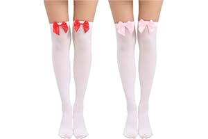 MAXQUU 2 pary podkolanówek z kokardkami, akcesoria cosplay, wysokie do kolan bawełniane skarpety damskie, seksowne skarpety rekreacyjne, odpowiednie do kozaków i mundurów, biały, rozmiar uniwersalny