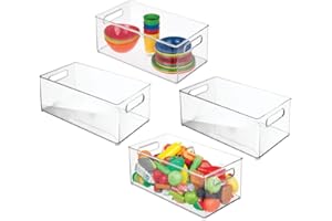 mDesign Set da 4 portagiochi ideali per mattoncini, bambole, pennarelli, soldatini – Contenitori porta giochi in plastica con maniglie – Organizer giocattoli pratici per la cameretta – trasparente