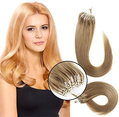 Yotty Remy Human Hair Extensions Loop Micro Ring Bead Tip Double Drawn Hair Double Silicone Rings 1g/s (16Inch100S100gr, 27 Dark Blonde)