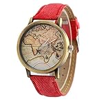 Unisex Weltkarte Stil Uhr / Vintage World Map Frauen Premium Faux Leder Armbanduhr Cool Uhren Unique Uhren Modeuhr , red