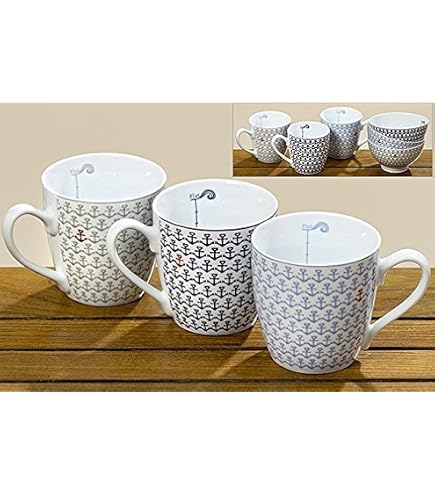 Seaside No.64 - Set Di 3 Tazze Jumbo In Porcellana Con Ancora, 400 Ml, Blu E Grigio