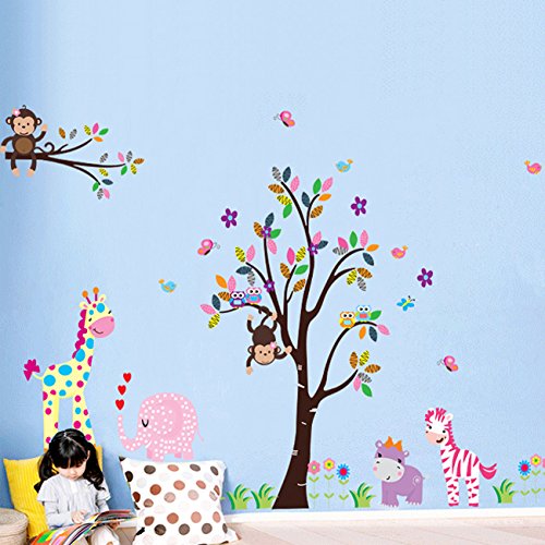 Preisvergleich Produktbild Wandaufkleber ALLDOLWEGE Kindergartenkindergarten-Klassenzimme... des einfachen Tierblumenbaums große entfernbare Kinderraumdekorations-Karikaturwand-A...
