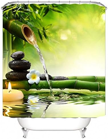 Waterproof Polyester Fabric Bathroom Shower Curtain, Qile Mildew-Resistant Anti-Bacterial 3D Digital Printing Pattern Shower Curtains with 12 Ring Hooks, 180 x180cm (Bamboo with Flowing Water)