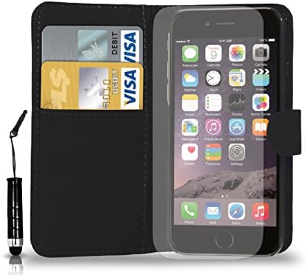 Apple iPhone 6 Leather Wallet Flip Case Cover Pouch & Mini Touch Stylus Pen + Free Screen Guard & Cleaning Cloth - BLACK