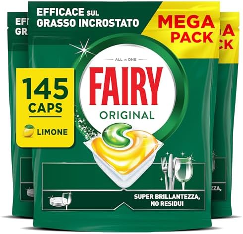 Fairy Original Pastiglie Lavastoviglie, 145 Capsule, Limone, Detersivo Con Azione Pulente Al Primo Lavaggio, Efficace Sul Grasso Incrostato Con Azione Brillante