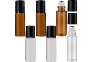 BDEPSTR 6-teilige Glas-Rollerball-Flasche für ätherische Öle, 5 ml leer, mit Edelstahl-Rollerball, geeignet für ätherische Öle, Parfüm, Kosmetik, Massagen
