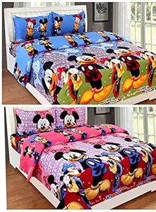 Soniasaa Prime Collection 180 TC Cotton-Blend Double Sized 2 Bedsheet with 4 Pillow Covers( Combo) Double Size Pack of 2 and Blue and Pink Cartoon Micky Mouse