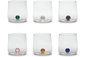 Zafferano Bilia - Vaso Tumbler de Vidrio Transparente Hecho a Mano, Decorado con una Bola de Vidrio de Color en el Interior, cl 44 h 90mm d 88mm, Juego de 6 Piezas - Colores Variados