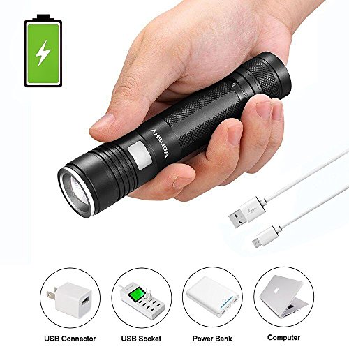 Vansky® Mini USB wiederaufladbare Taschenlampe, 900 Lumen CREE XPE2 R5 LED taktische Taschenlampe | zoombar und super hell | 18650 Li-ion-Akku und inkl. 0.9m Micro-USB-Ladekabel - 3