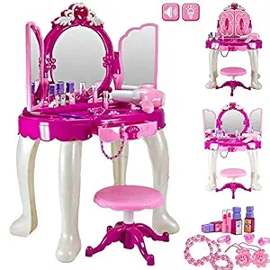 Dyomnizy Kids Cosmetic and Makeup Toy for Girls Beauty kit with Light and Sound Mirror, Stool, Hair Dryer, Lipstick, Necklace, Accessories.