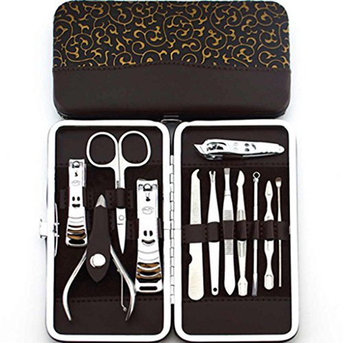 12 in 1 Stainless Steel Manicure Pedicure Set Nail Clippers Cleaner Nail Scissors Kit with PU Leather Case (Pattern E)