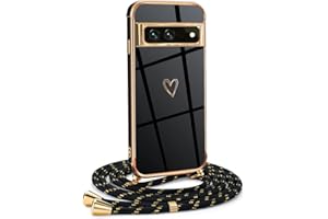 Mkej Funda para Google Pixel 7A con Cuerda, TPU Suave Silicona diseño de corazón con Chapado en Oro de Lujo, Funda Google Pixel 7A Cuerda para Mujeres y niñas, Oro Negro