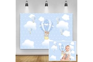 Renaiss 1.5x1m Oso de Dibujos Animados Azul Baby Shower telón de Fondo Globo aerostático Cielo Nubes fotografía Fondo niños niño cumpleaños Fiesta decoración Pastel Mesa Banner Foto Estudio Props