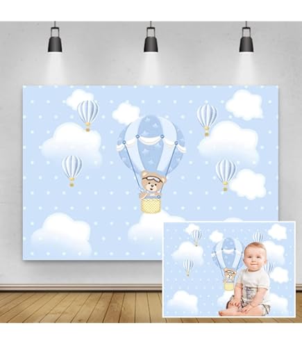 Fotohintergrund 'Heißluftballon & Bär' 2,15x1,5 M – Aus Polyester Für Babyparty & Geburtstag
