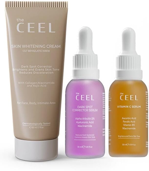 The Ceel 3'lü Leke Karşıtı ve Aydınlatıcı Bakım Seti - C Vitamini Serumu 30ml,%2 Alpha Arbutin Leke Serumu 30ml ve Ton Eşitleyici Krem 50ml - Glutatyon ve Kolajen İçeren Komple Rutin