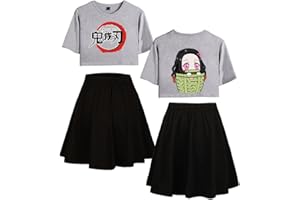 Yumenam Fille Demon Slayer Survêtement Kamado Nezuko Imprimé Crop Tops + Jupe Ensemble de 2 PCS Casual Manches Courtes T-Shirt et Jupe été Pyjamas Sets Costume de Cosplay Sportswear