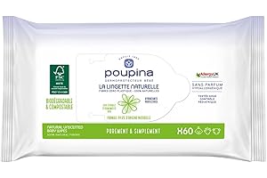 POUPINA - Les Lingettes bébé Naturelles x60 - Sans Parfum, Hypoallergéniques - Hydratantes et Protectrices - Fibre 0 plastique et 100% Naturelle - Vegan - 99,6% d'ingrédients d'Origine Naturelle
