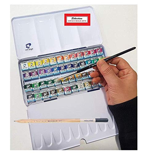 Espacebeauxarts Van Gogh - Scatola di Metallo di 48 Colori acquerelli con Pennello e Disegno a Matita