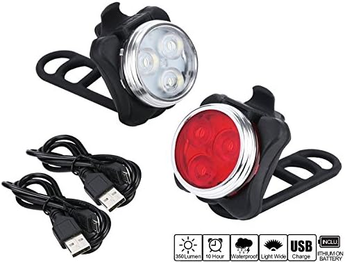 Bike Headlight and Taillight Set Water Resistant USB Rechargeable LED Bike Front and Rear Combination 2 USB Cables,4 Light Modes, 350lm for MTB and Road Bike Adult and Children
