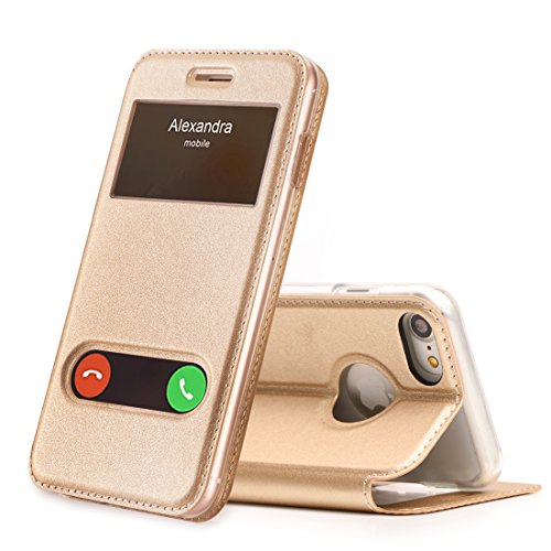 FYY Funda iPhone 7, Funda iPhone 8, De Soporte Magnetico en la Parte Cubierta y Funcion de Ventana con Vista a Pantalla Superior para Apple iPhone 7/8 Dorado