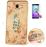 Samsung Galaxy A3(2016)/A310 Hülle mit Panzerglas,Ultra Slim 3D Bling Glitzer Silikon Transparent Soft TPU Case,Durchsichtig Weichem Silicone Thin Wasserdicht Shockproof Anti Slip Protection Schutzhülle,Butterfly Blume Kristall Diamant Glänzend Stoßdämpfend Spiegel Schutz Crystal Clear Handyhülle Etui Bumper mit Diamant Ring Halter Ständer Standfunktion Tasche für Samsung Galaxy A3(2016)/A310 4.7Zoll-[pfau stehend blau]+Panzerglas Folie/Displayfoile/Displayschutzfolie