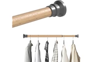 Hershii Extendable Wardrobe Rail 70-116cm, Adjustable Shower Curtain Rod, Clothes Hanging Tension Pole, No Drilling, Telescopic Rods for Kitchen Closet Cupboard Bathroom Window, Light Wood Grain