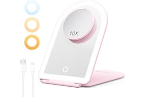BESTOPE PRO Espejo Maquillaje con Luz Recargable, 10X Aumento, 3 Colores Luminosidad Regulable, Control Táctil y Función Memoria, Espejo Plegable para Viajes y Tocador, Rosa