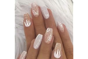 Brishow Faux Ongles de Noël Français Court Faux Ongles Neige Press on Nails Décorations de Noël Ballerine Acrylique Fake Nails 24pcs pour Femmes et Filles (a)