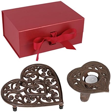 Luxury Cast Iron Gift Set of Trivet, Tea Light Holder and Box - Heart Shaped Victorian Style Ornate Trivet and Footed Tea Light Candle Holder in Antique Brown - Ideal Gift for 6th Wedding Anniversary!