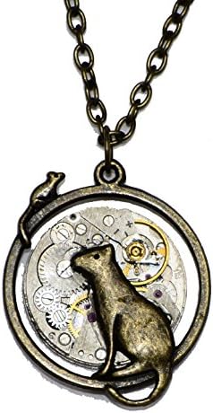 Cat and Mouse Steampunk Watch Movement Pendant Necklace on Antique Bronze Chain. Hand Made in Cornwall, UK.