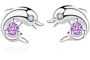 Kaguyo boucles d'oreilles en argent pour femmes, boucles d'oreilles fille, boucles d'oreilles dauphin en argent sterling 925, boucles d'oreilles dauphin mignon améthyste clair Zircons