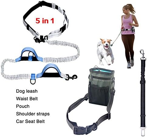 Hands Free Dog Leash with Dog Treat Bag Reflective Running Walking Dog Leash with Double Padded Handles and Strong Bungees Upn to 150lb ,Adjustable Waist Belt + Free bonus Dog Car Seat Belt for Walking ,Jogging Hiking,Shock Absorbing by Stwie(Hands Free Dog Leash set)