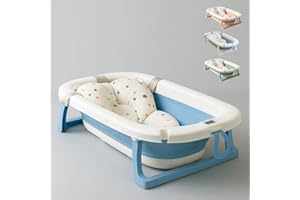 JOWY Bañera Bebé Plegable Portatil con Termómetro Integrado, Diseño Ergonómico, Cojín Antideslizante y Tapa de Seguridad (Azul pastel)